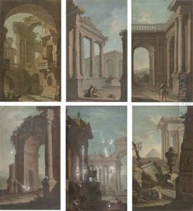 An Italian Capriccio Of Classical Ruins, With A Man And A Woman At A Balcony And Two Bulls And A Man By A River (+ 5 Others; 6 Works) by Pietro (Il Mirandolese) Paltronieri