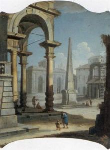 Architectural Capriccio With A Figure Giving Alms To A Young Beggar In A Piazza by Pietro (Il Mirandolese) Paltronieri