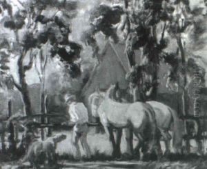 Landscape With Man, Horses And Dog by Alphonse Palumbo