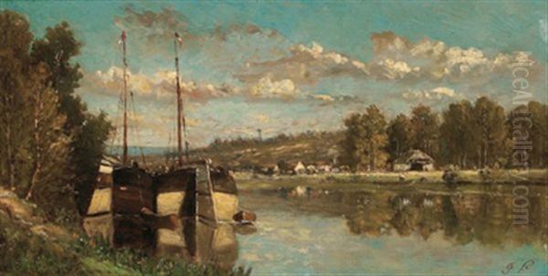 Fluslandschaft Mit Angelegten Booten - view 1