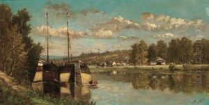Fluslandschaft Mit Angelegten Booten