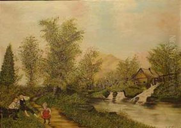 Children Playing By A Mill - view 1