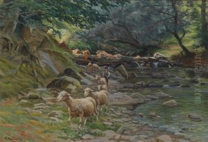 Schafherde Und Kleine Hirten Am Bachufer