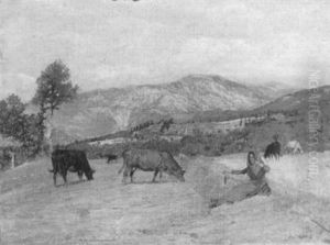 Woman And Cows In A Pasture Woman And Cows In A Pasture