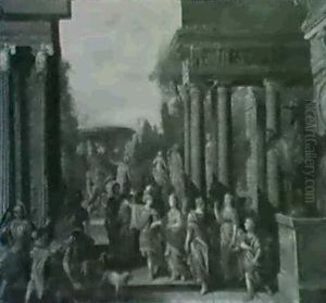 Die Entfuhrung Der Helena Durch Paris(?) Vor Antiken Gebauden Und Parklandschaft by Francesco Panini