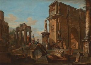 Capriccio With Figures At The Roman Ruins And The Arch Of Constantine by Giovanni Paolo Panini