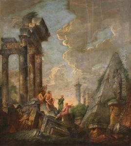 An Architectural Capriccio With Figures Before The Pyramid Of Gaius Cestius, Trajan's Column And The Arch Of Janus In The Distance