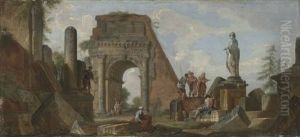An Architectural Capriccio With The Arch Of Titus And Figures Conversing By The Statue by Giovanni Paolo Panini