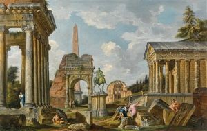 An Architectural Capriccio With Figures Among Roman Ruins Including The Temple Of Saturn (collaboration W/workshop) by Giovanni Paolo Panini