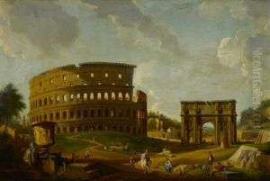 A Capriccio View With The Colosseum And The Arch Of Constantine by Giovanni Paolo Panini
