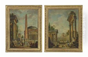 An Architectural Capriccio With An Obelisk And The Pantheon; And An Architectural Capriccio With Ruins And Figures Conversing In The Foreground (pair) by Giovanni Paolo Panini