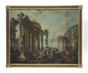A Classical Capriccio With The Pantheon And Figures Conversing In The Foreground Before The Borghese Gladiator by Giovanni Paolo Panini