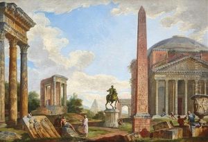 A Capriccio With Figures Among The Ruins Of The Three Columns Of The Temple Of Castor And Pollux by Giovanni Paolo Panini