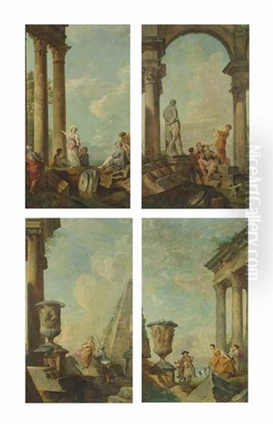 Four Capriccios Of Roman Ruins With Figures Conversing - view 1