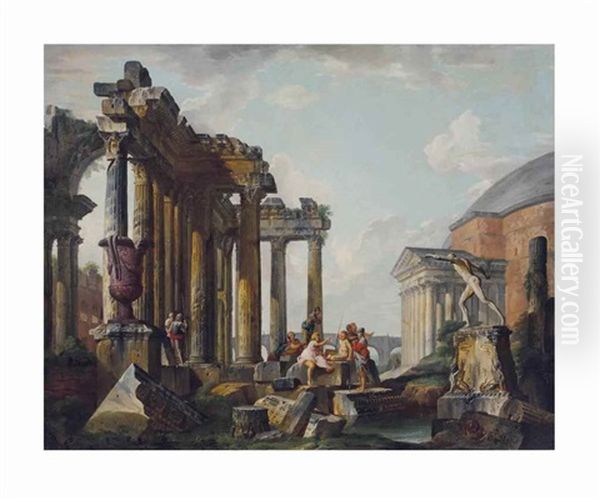 A Capriccio Of The Pantheon And Roman Ruins, A Group Of Soldier In The Foreground - view 1