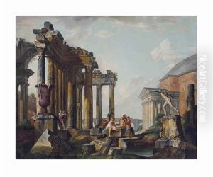 A Capriccio Of The Pantheon And Roman Ruins, A Group Of Soldier In The Foreground
