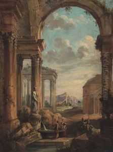 A Capriccio Of The Pantheon And Roman Ruins, Washerwomen And A Soldier In The Foreground by Giovanni Paolo Panini