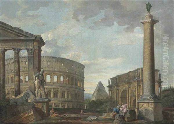A Roman Capriccio With The Colosseum, Trajan's Column, The Farnese Hercules, The Pyramid Of Cestius And Other Classical Buildings, With Figures Resting In The Foreground - view 1