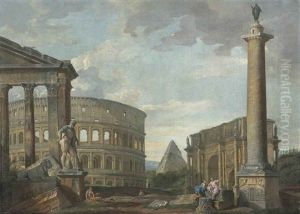 A Roman Capriccio With The Colosseum, Trajan's Column, The Farnese Hercules, The Pyramid Of Cestius And Other Classical Buildings, With Figures Resting In The Foreground by Giovanni Paolo Panini