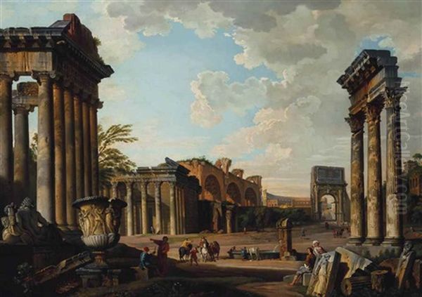 A View Of The Camp Vaccino With The Temple Of Jupiter Stator, The Arch Of Titus, The Colosseum, The Basilica Of Maxentius, The Temple Of Antoninus And Faustina And The Temple Of Concord With The Borghese Vase And Horsemen And Peasants By A Fountain - view 1