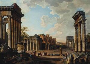 A View Of The Camp Vaccino With The Temple Of Jupiter Stator, The Arch Of Titus, The Colosseum, The Basilica Of Maxentius, The Temple Of Antoninus And Faustina And The Temple Of Concord With The Borghese Vase And Horsemen And Peasants By A Fountain by Giovanni Paolo Panini