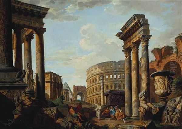 An Architectural Capriccio With Figures Among Roman Ruins Including The Temple Of Saturn, Arch Of Constantine, Temple Of Vesta, Arch Of Drusus, The Colosseum, Temple Of Castor And Pollux, Basilica Of Maxentius, The Apollo Belvedere And The Column Of Traja - view 1