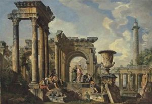 A Capriccio Of Roman Ruins With The Sermon Of Saint Peter by Giovanni Paolo Panini
