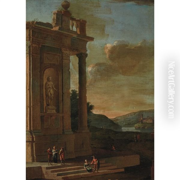 Figures Among Ruins Beside A Waterway - view 1