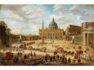 Blick Auf Den Petersplatz In Rom Mit St. Peter Im Hintergrund