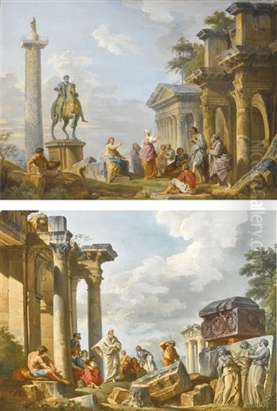 A Capriccio View With Figures Among Roman Archaeological Ruins, The Temple Of Vesta In Tivoli And The Sarcophagus Of Costanza; A Capriccio View With Figures Beside The Statue Of Marcus Aurelius, Trajan's Column And The Forum Of Nerva - view 1