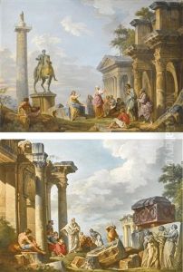 A Capriccio View With Figures Among Roman Archaeological Ruins, The Temple Of Vesta In Tivoli And The Sarcophagus Of Costanza; A Capriccio View With Figures Beside The Statue Of Marcus Aurelius, Trajan's Column And The Forum Of Nerva by Giovanni Paolo Panini