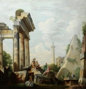 An Architectural Capriccio With The Pyramid Of Cestius And Trajan's Column by Giovanni Paolo Panini