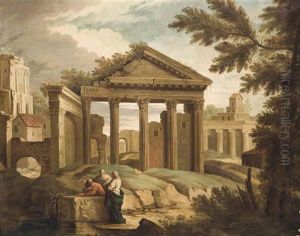 An Architectural Capriccio With Classical Figures On A Shore by Giovanni Paolo Panini