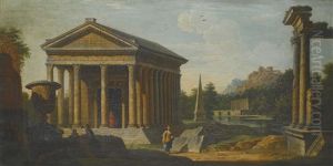 A Capriccio Of Roman Ruins With Figures, A Lake And Hilltop Town In The Distance