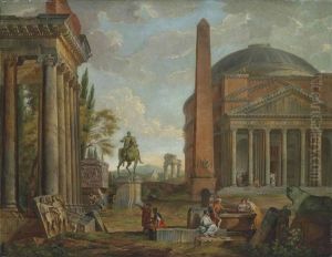 An Architectural Capriccio With The Pantheon, An Obelisk, An Equestrian Statue And A Ruined Temple, With Classical Figures Conversing In The Foreground