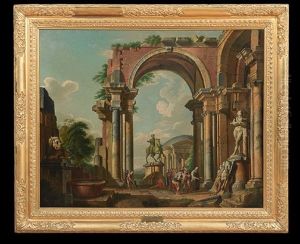 Architectural Capriccio With Statues Of Marcus Aurelius And Silenus With The Infant Dionysos by Giovanni Paolo Panini