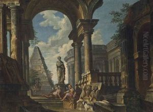 A Capriccio Of Classical Ruins, With Soldiers Resting In The Foreground by Giovanni Paolo Panini