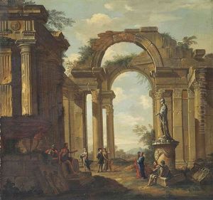 A Capriccio Of Classical Ruins, With Figures Conversing By A Statue Of Minerva