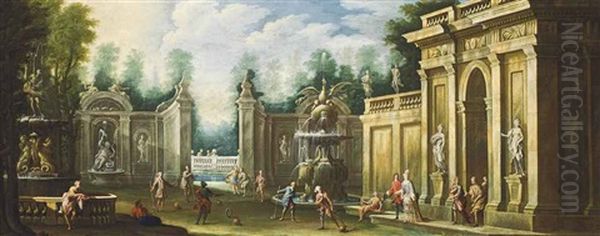 An Architectural Capriccio With Elegant Company Playing A Game - view 1