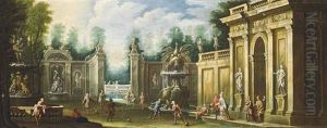 An Architectural Capriccio With Elegant Company Playing A Game