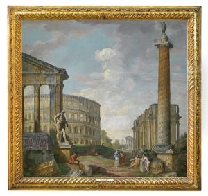 Romisches Capriccio Mit Kolosseum, Konstantinsbogen, Trajanssaule Und Figuren by Giovanni Paolo Panini