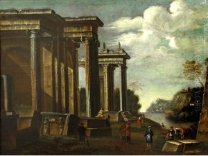 An Architectural Capriccio With Figures And A River Beyond by Giovanni Paolo Panini