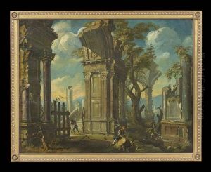 Architectural Capriccio With Figures In Roman Ruins by Giovanni Paolo Panini