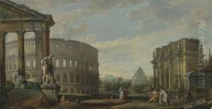 An Architectural Capriccio With The Colosseum, The Arch Of Constantine, The Pyramid Of Cestius, The Portico Of Octavia, The Farnese Hercules...