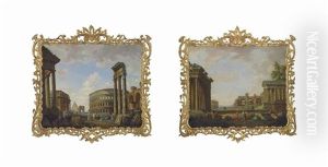 Architectural Capriccios: With The Arch Of Constantine, The Pyramid Of Cestius...; With The Temple Of Hadrian, The Basilica Of Massenzio...(pair) by Giovanni Paolo Panini