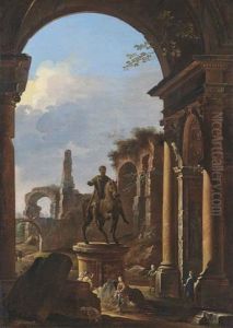 A Capriccio Of Classical Ruins With Figures Beside The Equestrian Statue Of Emperor Marcus Aurelius