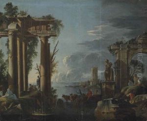 A Capriccio Of Classical Ruins With Figures Resting By The Columns And Others Conversing, Houses On The Sea Shore Beyond