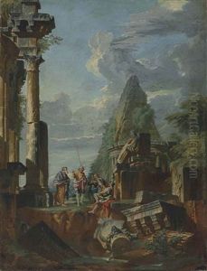 A Capriccio Of Roman Ruins, With The Belvedere Antinous And A Pyramid Beyond, With An Apostle Preaching To Soldiers by Giovanni Paolo Panini
