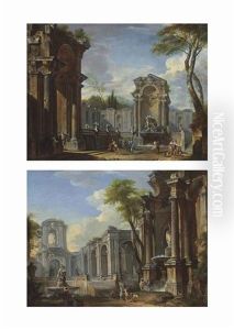 An Architectural Capriccio With Figures Before A Fountain Of Neptune...; An Architectural Capriccio With Figures Before Two Fountains (pair) by Giovanni Paolo Panini