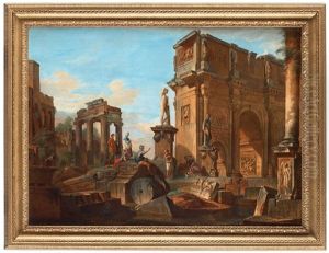 Capriccio Med Figurer Vid Romerska Ruiner Och Konstantinbagen by Giovanni Paolo Panini